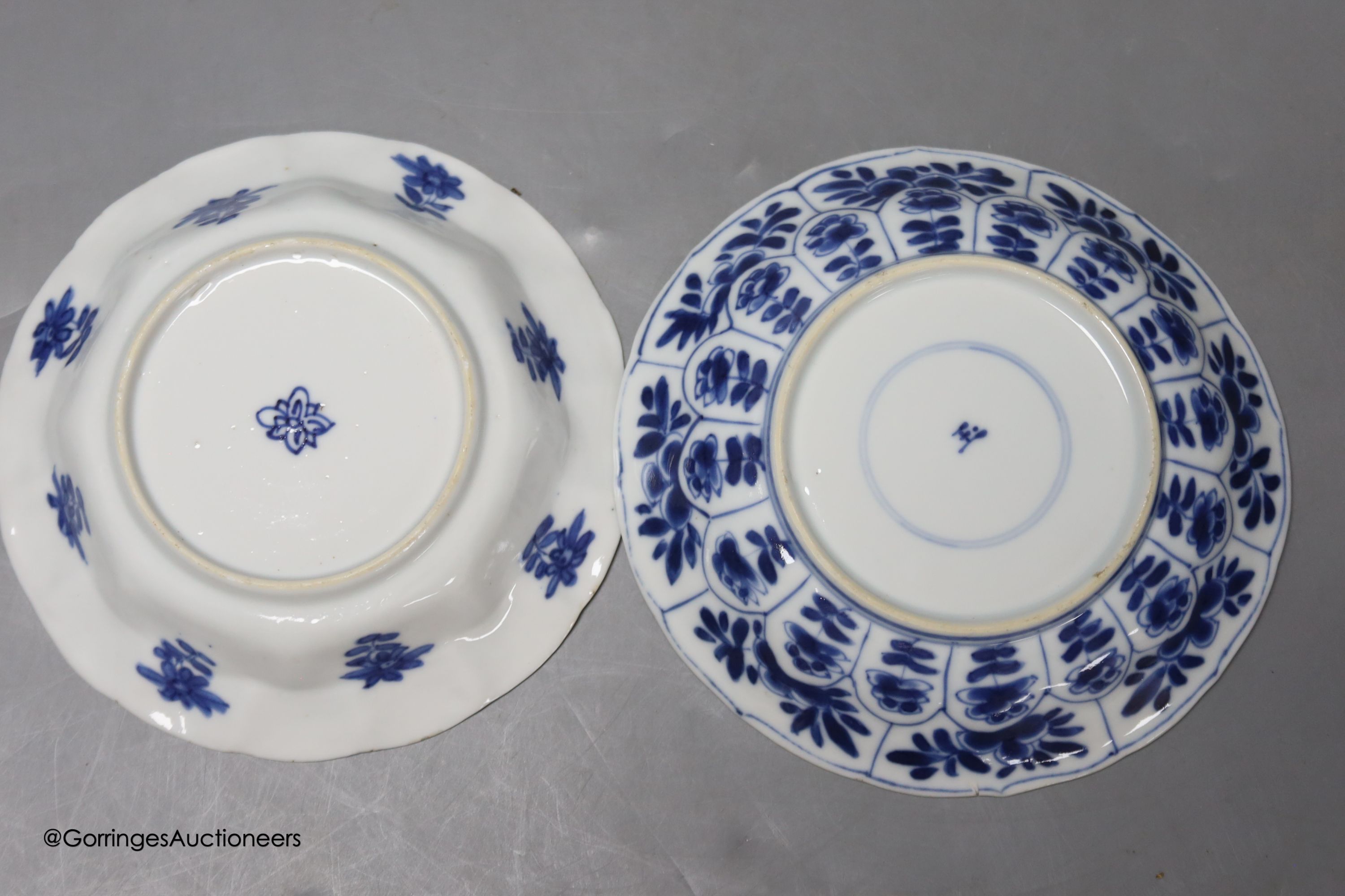 A Chinese blue and white plate 13cm diameter, a similar tea bowl and saucer, Kangxi period and a 19th century Chinese blue and white bottle vase